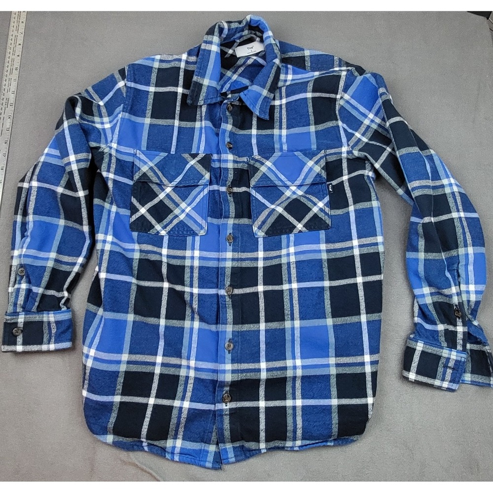 TNA Aritzia‎ Plaid Flannel Shirt 2 Blue White Organic Cotton Soft Outdoor Forest